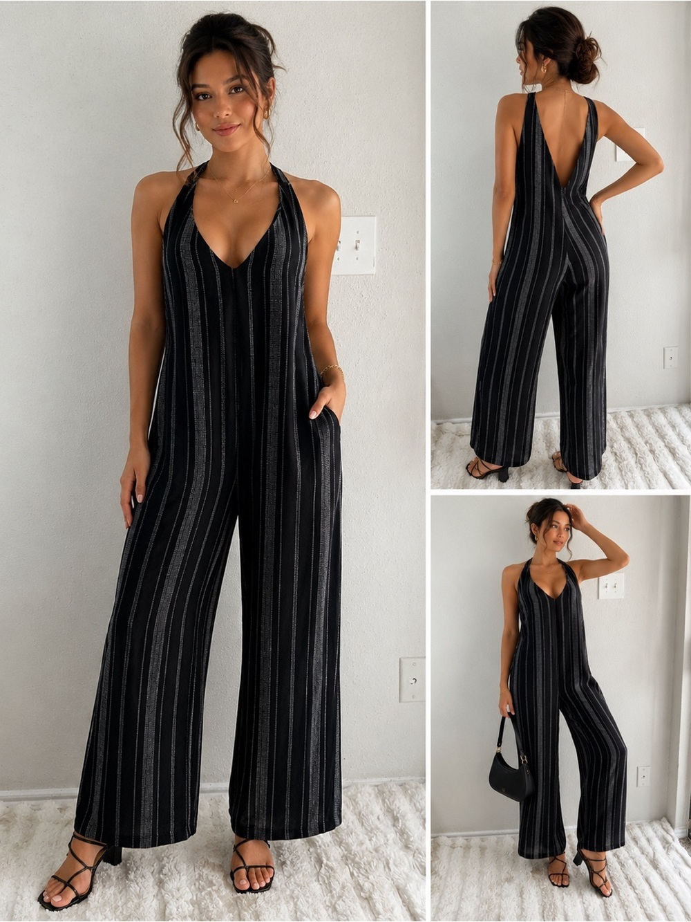 Black Striped Halter V-Neck Wide-Leg Jumpsuit oversized